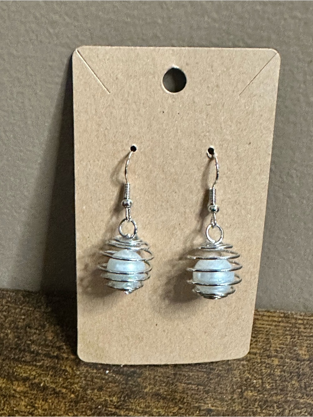 Silver Spiral Cage Drop Earrings with White Pearl Bead